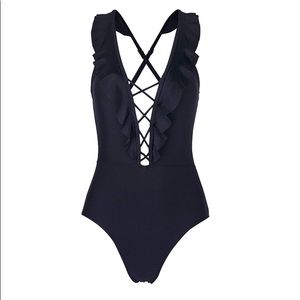 NWT black swimsuit size small lace up & ruffles